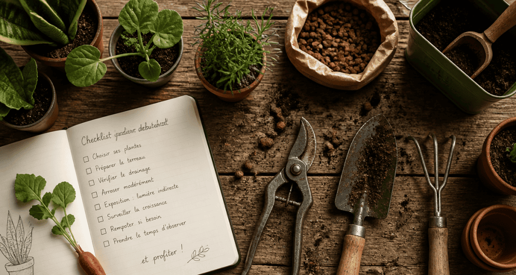 Outils jardinier facile sur table avec checklist