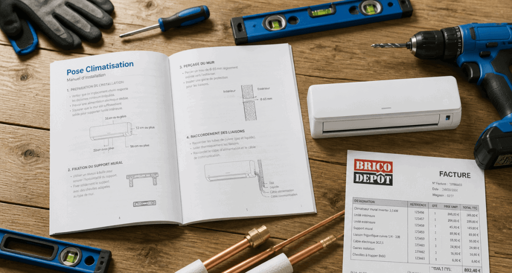 prix pose clim brico dépôt sur plan de travail avec outils