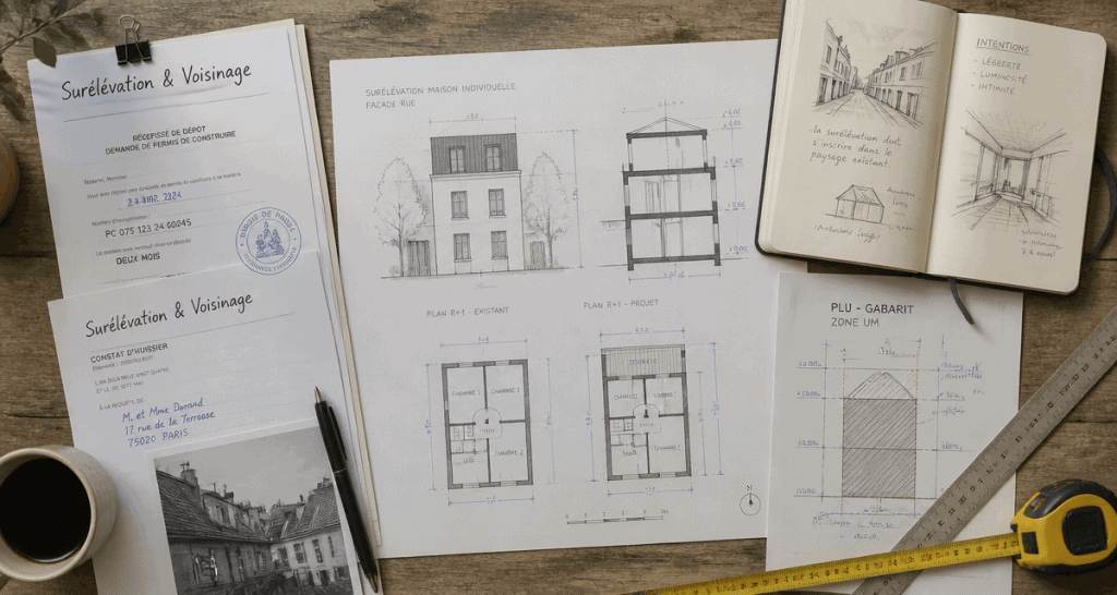 surélévation maison et voisinage plans sur table