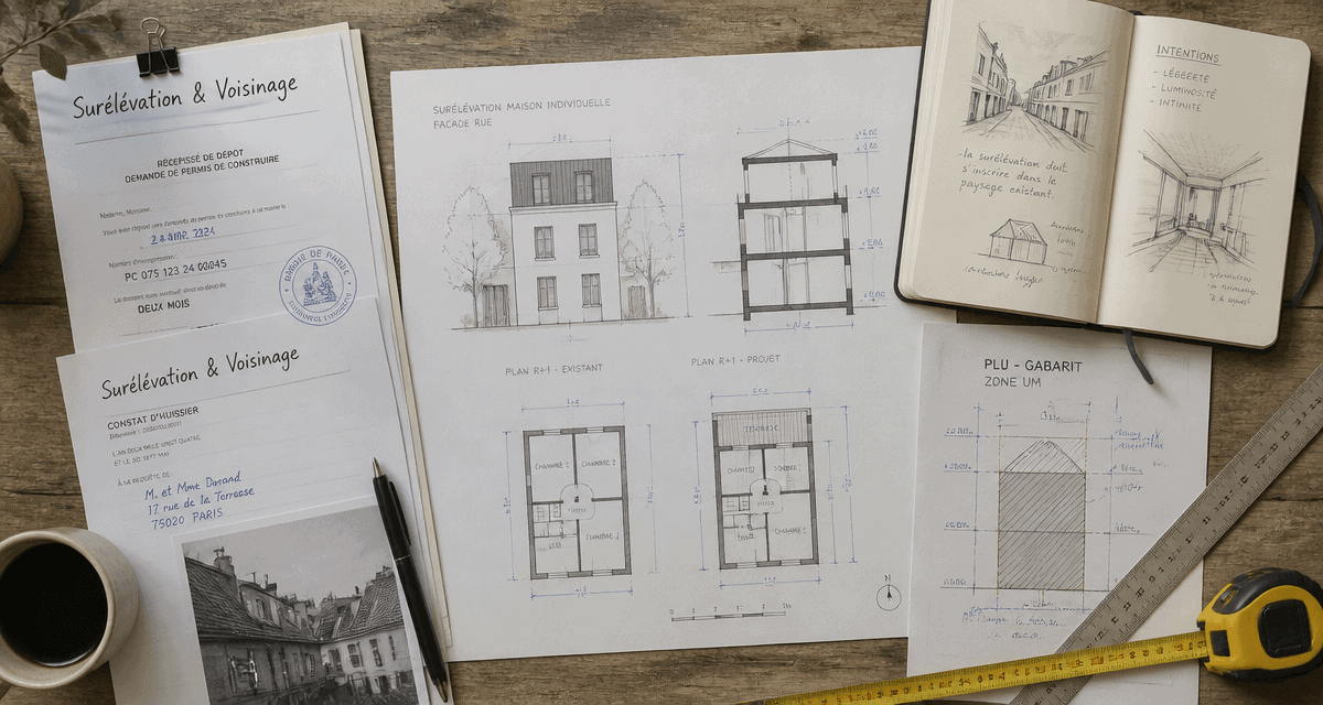 surélévation maison et voisinage plans sur table