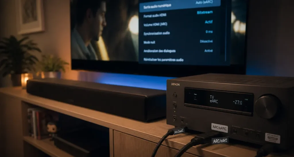 Branchement home cinema : câbles HDMI ARC/eARC sur TV et barre de son