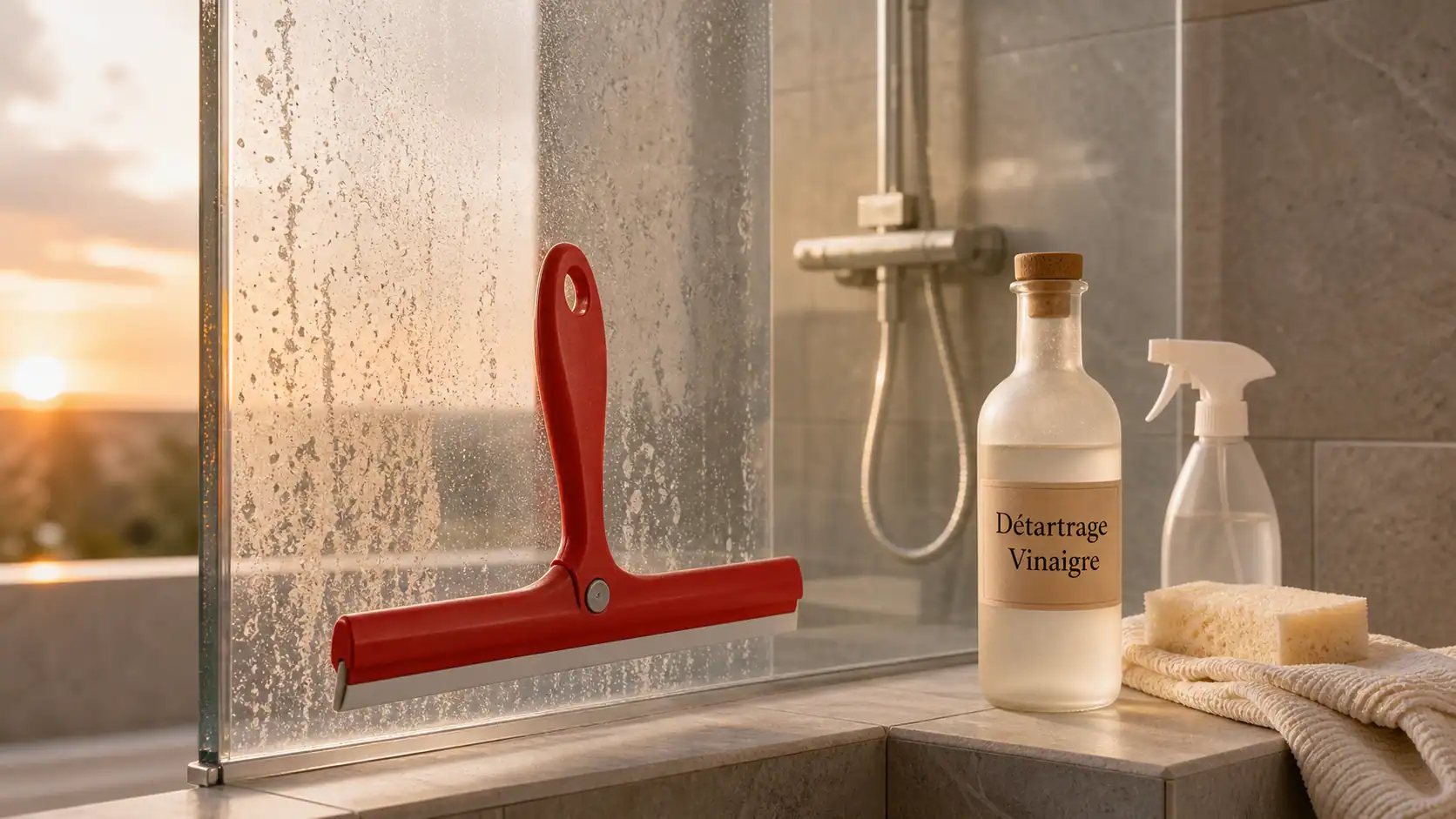 Vinaigre naturel pour enlever le calcaire sur les parois de douche, verre voilé et raclette