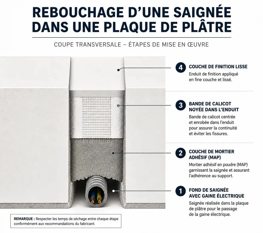 Schéma technique des étapes pour reboucher une saignée dans du placo