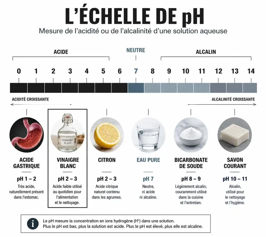 Échelle de pH illustrant l'acidité du vinaigre blanc par rapport à d'autres produits domestiques