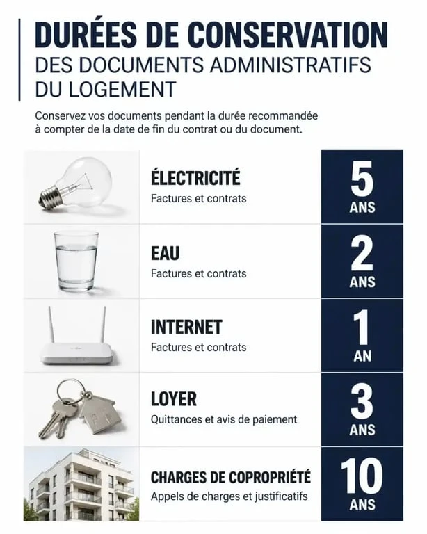Infographie des durées de conservation des factures EDF et documents administratifs