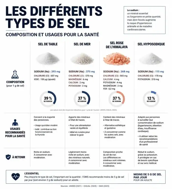 Infographie comparative des différents types de sel pour la santé et leurs bienfaits nutritionnels