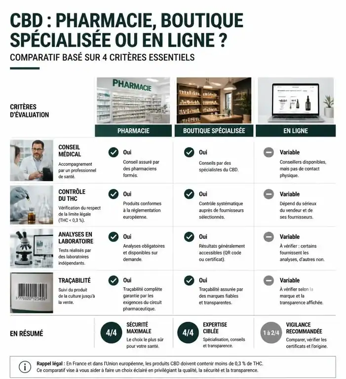 Comparatif achat CBD en pharmacie sans ordonnance versus autres circuits