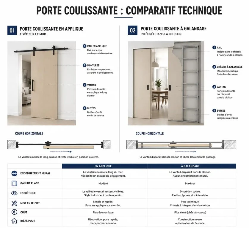Schéma comparatif des systèmes de porte coulissante en applique et à galandage pour l'habitat