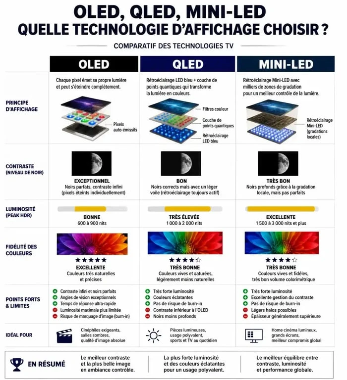 Infographie comparative des technologies d'affichage pour choisir sa télévision : OLED, QLED et Mini-LED.