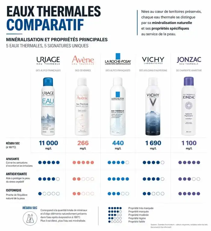 Infographie comparative pour choisir la meilleure eau thermale visage selon le type de peau et la minéralisation.