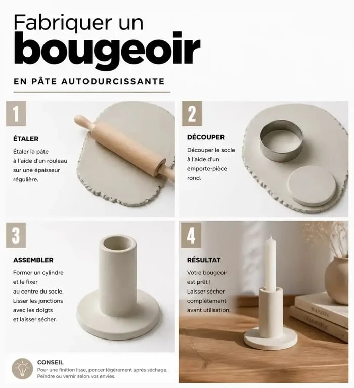 Étapes de fabrication d'un bougeoir en pâte autodurcissante fait main