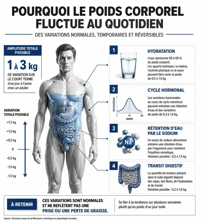 Infographie expliquant les causes des variations de poids lors de la pesée quotidienne