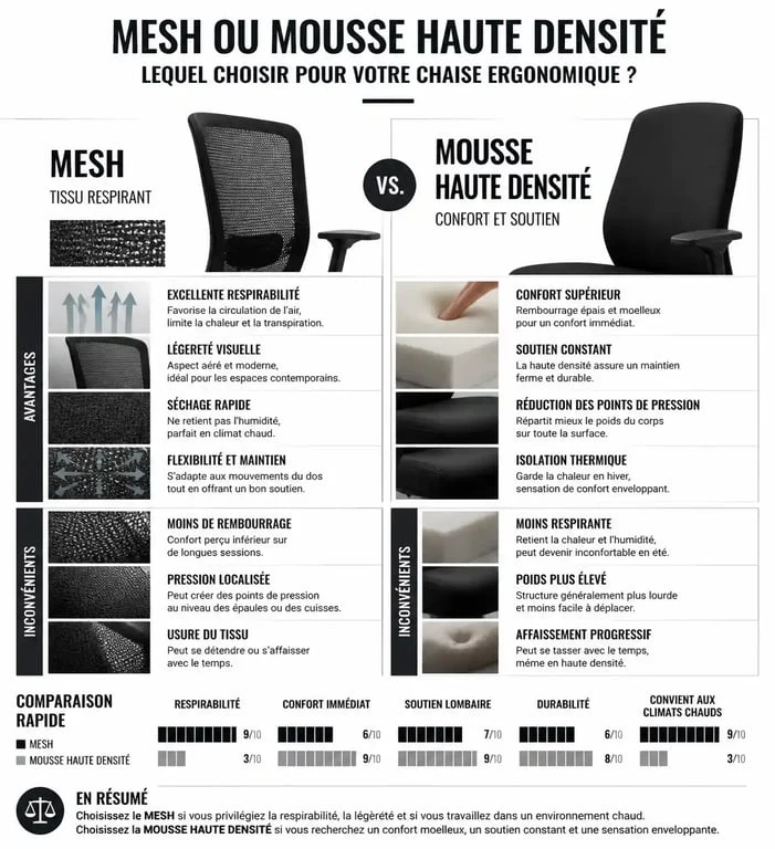 Comparatif des matériaux pour la meilleure chaise ergonomique 2025 : Mesh vs Mousse haute densité