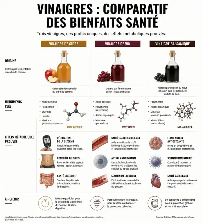 Infographie comparative des bienfaits santé du meilleur vinaigre pour la santé, incluant le vinaigre de cidre et le vinaigre de vin.