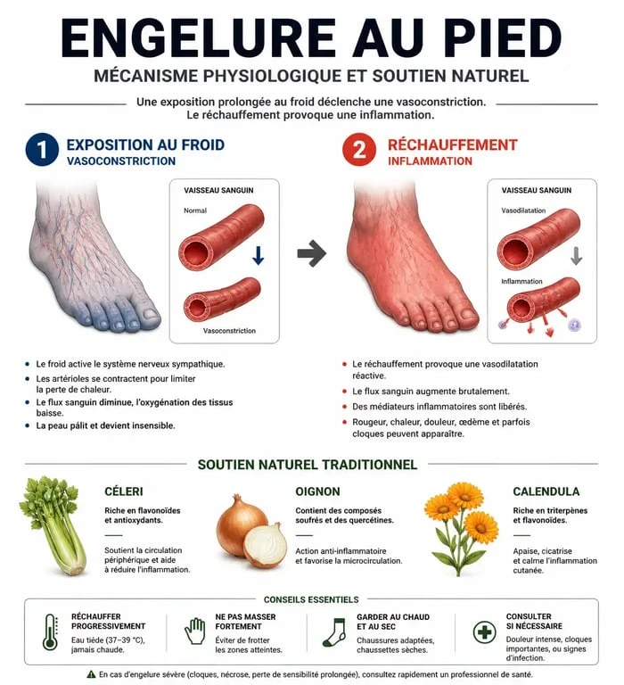 Infographie explicative sur les causes des engelures aux pieds et les remèdes naturels de grand-mère pour les soulager