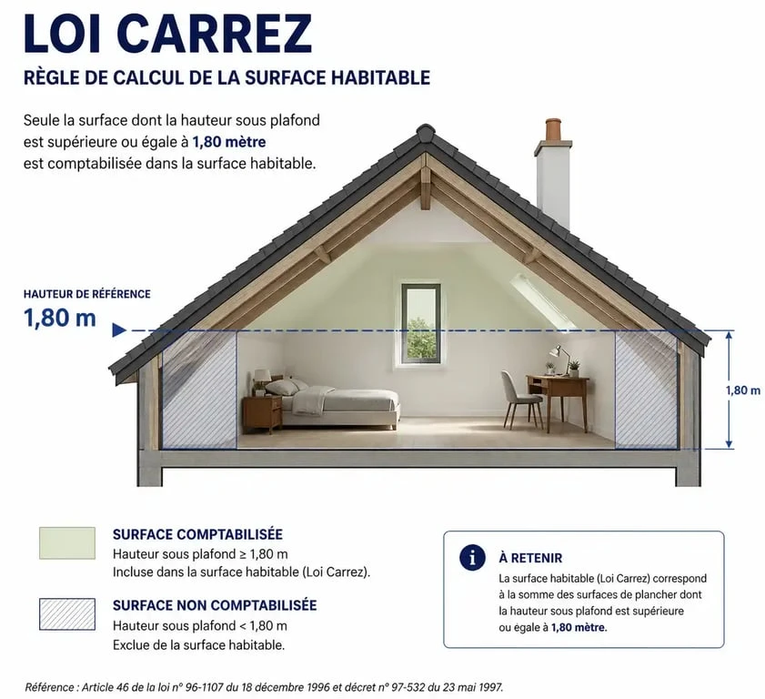 Schéma explicatif du calcul de la surface loi Carrez dans une chambre avec plafond rampant