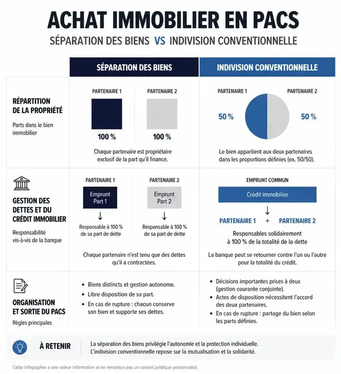 Comparatif des régimes de propriété pour un achat immobilier en PACS : séparation des biens vs indivision