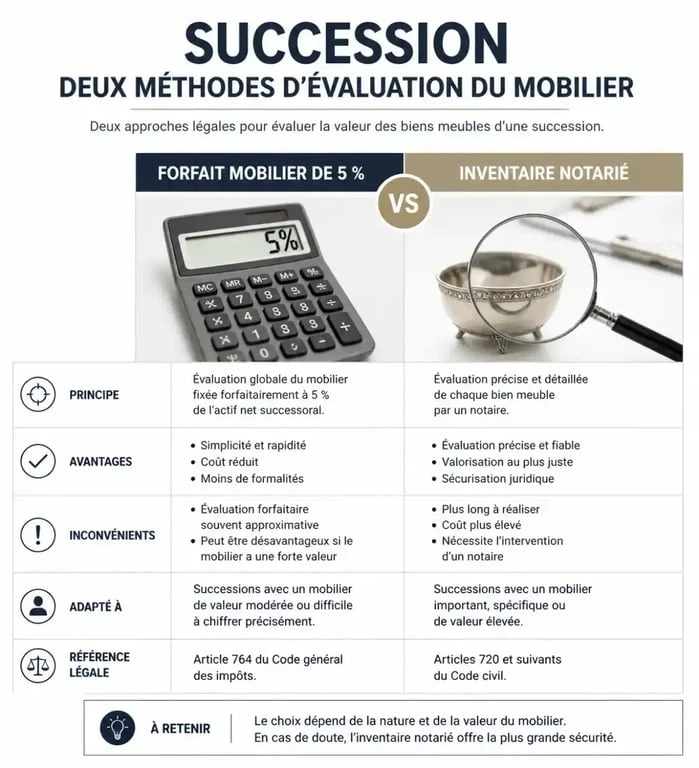 Comparatif entre le forfait mobilier de 5% et l'inventaire notarié pour la liste des meubles meublants en succession