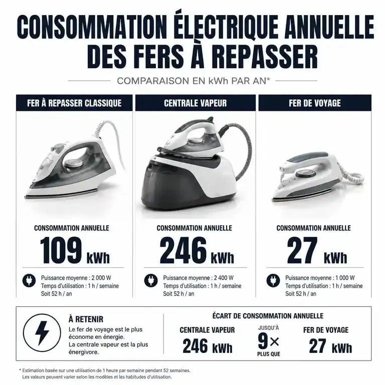 Infographie comparant la consommation électrique annuelle des différents types de fer à repasser