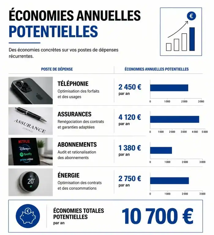 Infographie des économies réalisables pour dépenser moins au quotidien sur les factures et abonnements