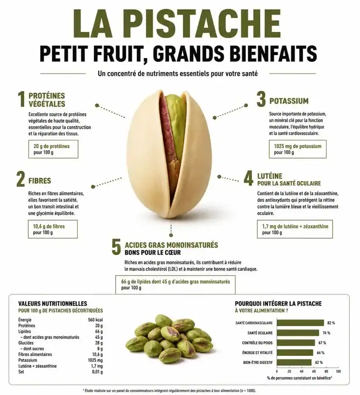 Infographie des bienfaits nutritionnels et santé de la pistache