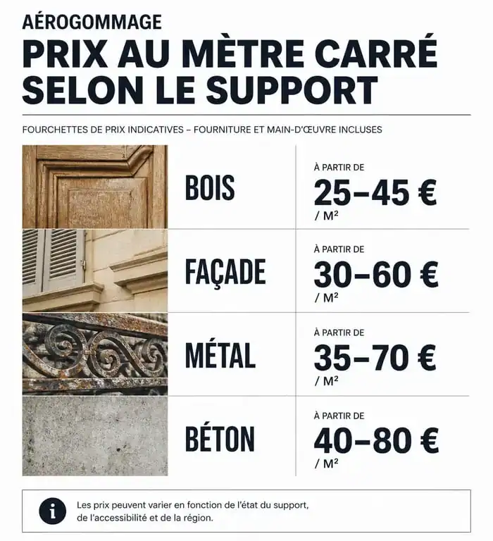 Infographie des prix de l'aérogommage au m2 par type de support