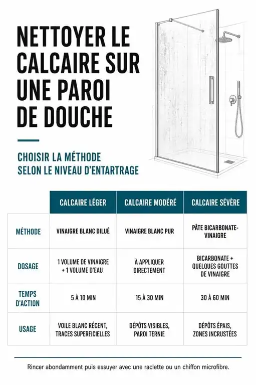 Infographie comparative des méthodes pour enlever le calcaire sur les parois de douche