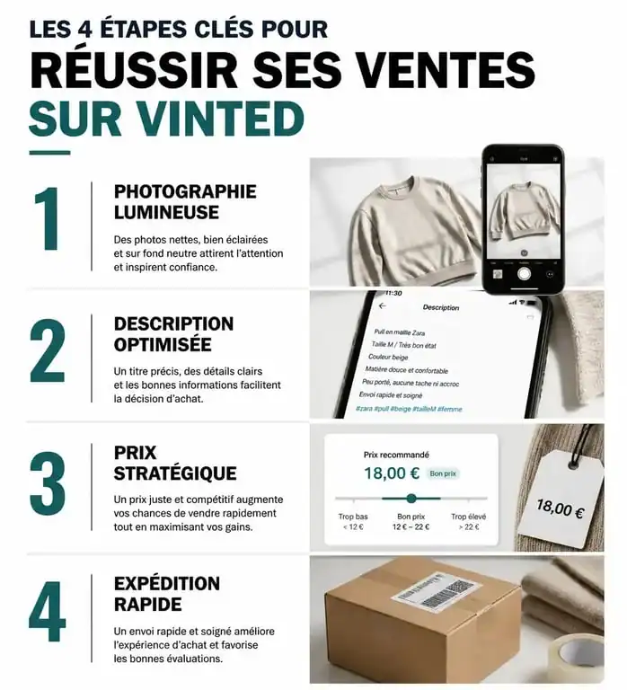 Infographie des étapes pour bien vendre sur Vinted : photos, descriptions, prix et expédition
