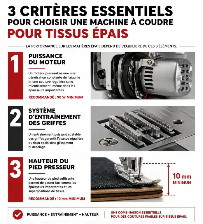 Infographie des critères techniques pour choisir une machine à coudre pour tissus épais