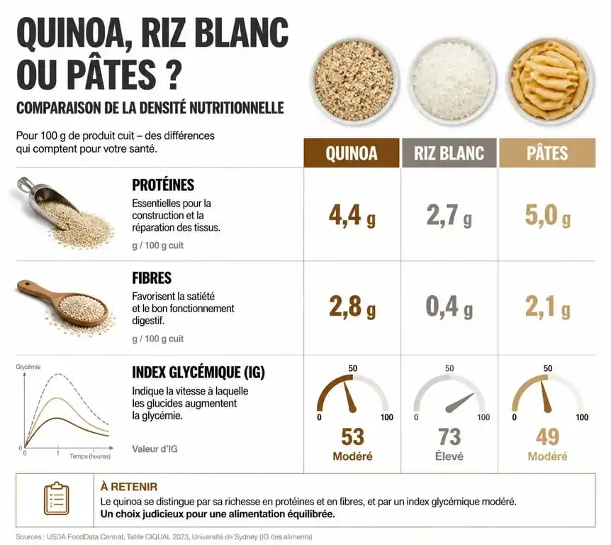 Infographie comparative des bienfaits nutritionnels du quinoa par rapport aux féculents classiques