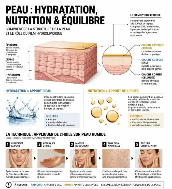 Infographie expliquant comment hydrater sa peau sans crème en utilisant des huiles végétales et en comprenant le film hydrolipidique.
