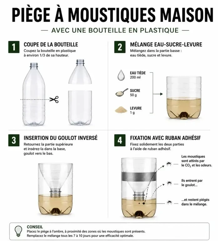 Schéma étape par étape pour fabriquer un piège à moustiques maison efficace avec une bouteille en plastique.