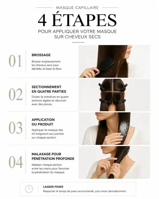 Infographie montrant les étapes pour appliquer un masque sur cheveux secs