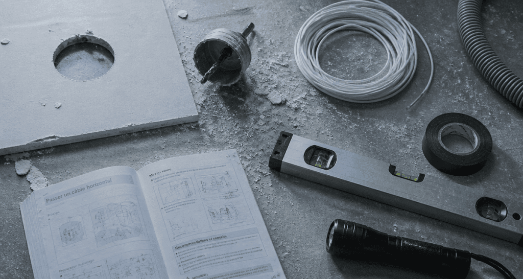 passer un câble horizontal dans une cloison placo, outils sur plan de travail