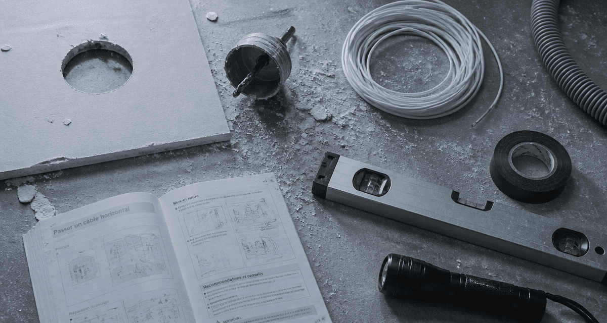 passer un câble horizontal dans une cloison placo, outils sur plan de travail