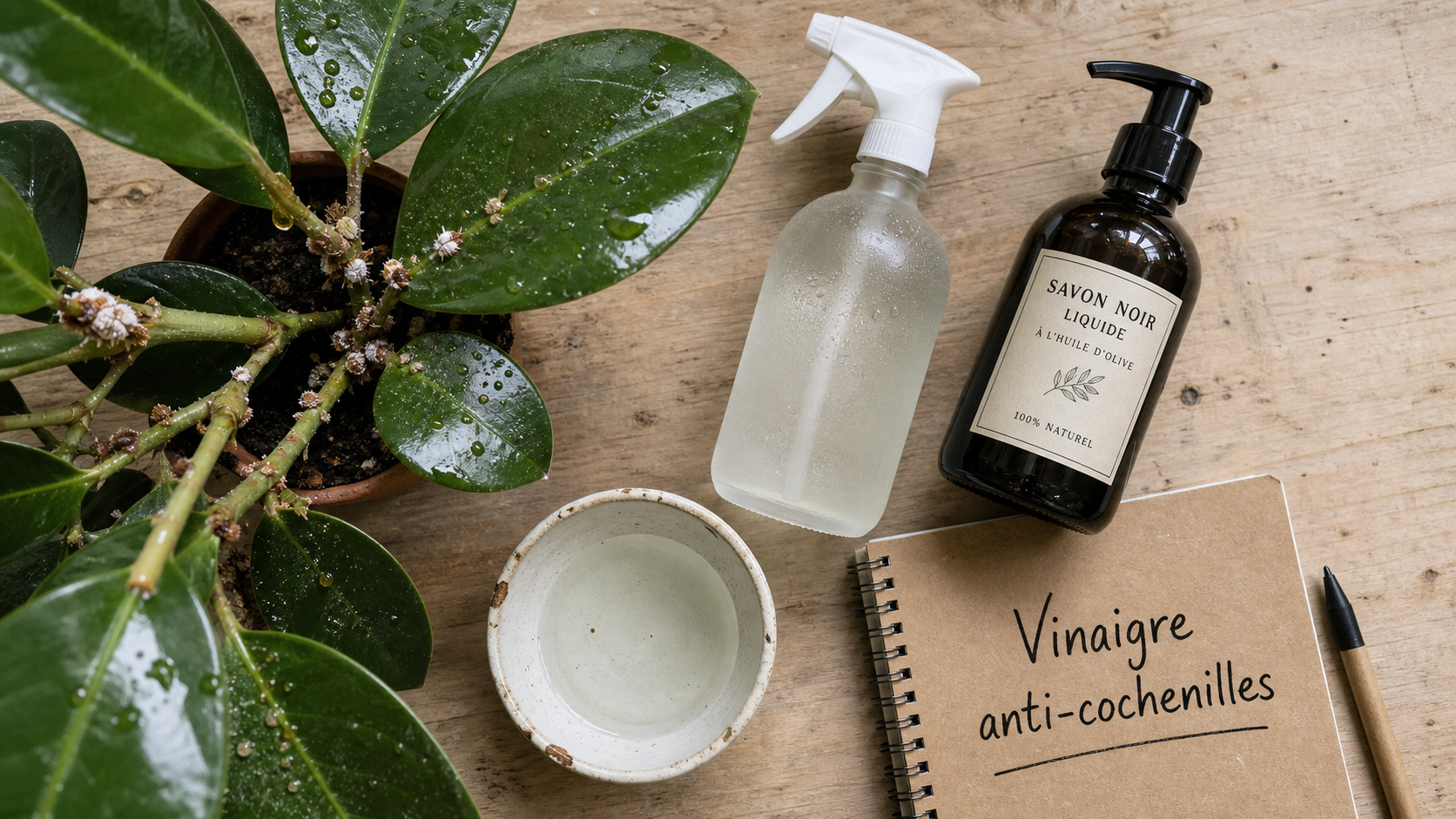 Traitement cochenille vinaigre blanc : pulvérisateur et plantes en pot