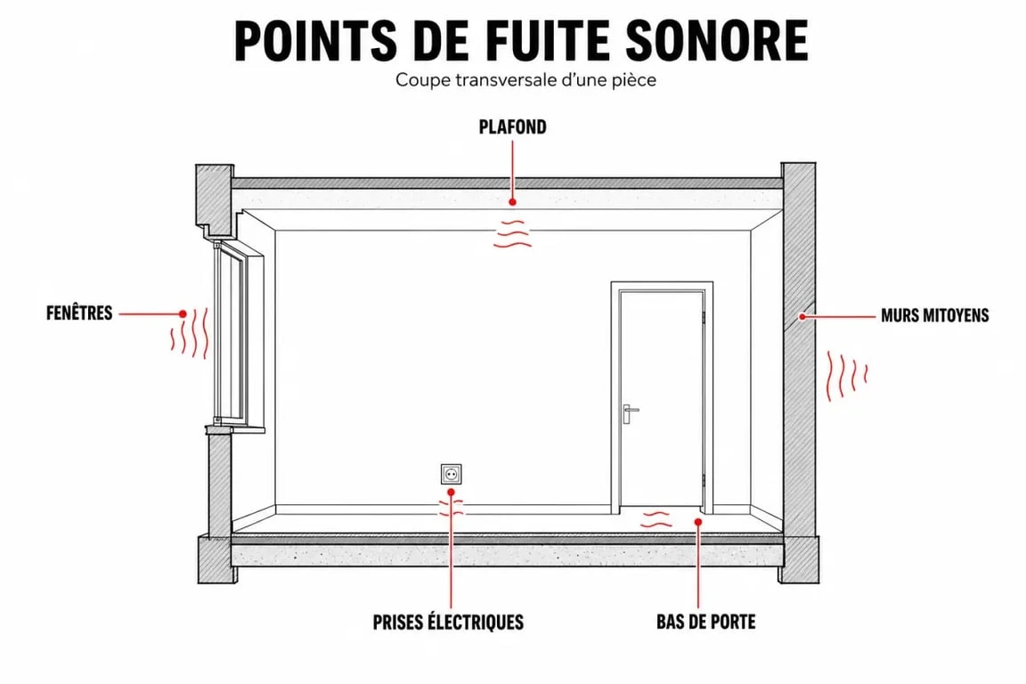 Schéma des points de fuite sonore pour isoler phoniquement une pièce