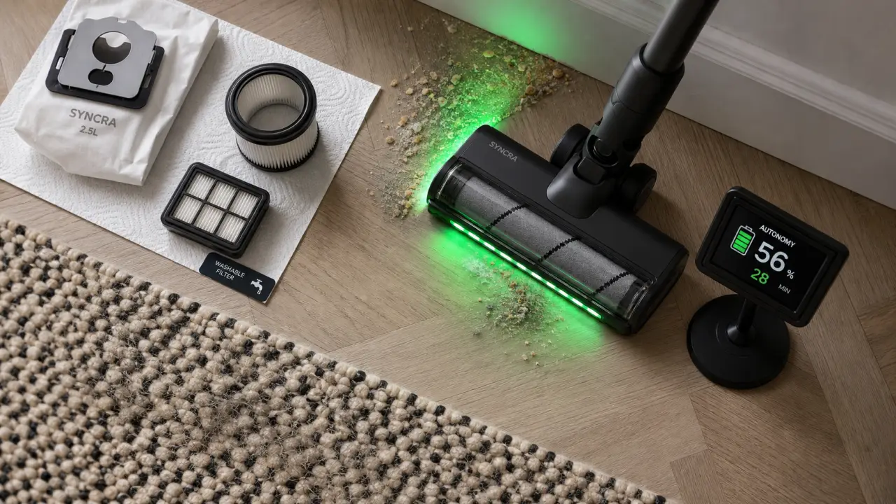 Meilleur aspirateur balai Dyson V15 ou V8 sur parquet clair avec LED
