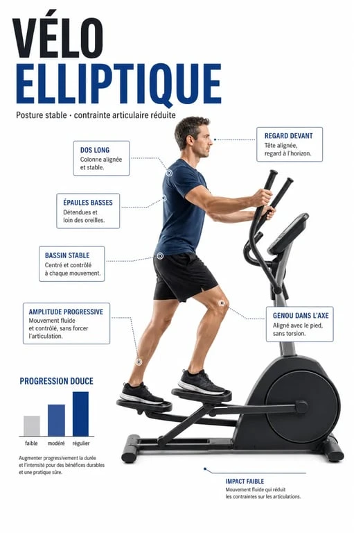 Vélo elliptique avis kiné : posture correcte sur elliptique et précautions pour genou et dos