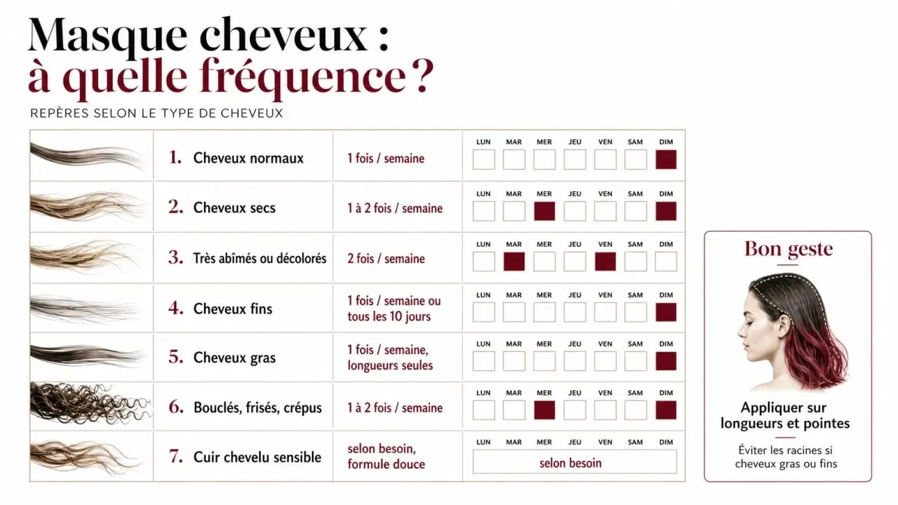Masque cheveux combien de fois par semaine : tableau visuel des fréquences selon le type de cheveux et conseil d’application