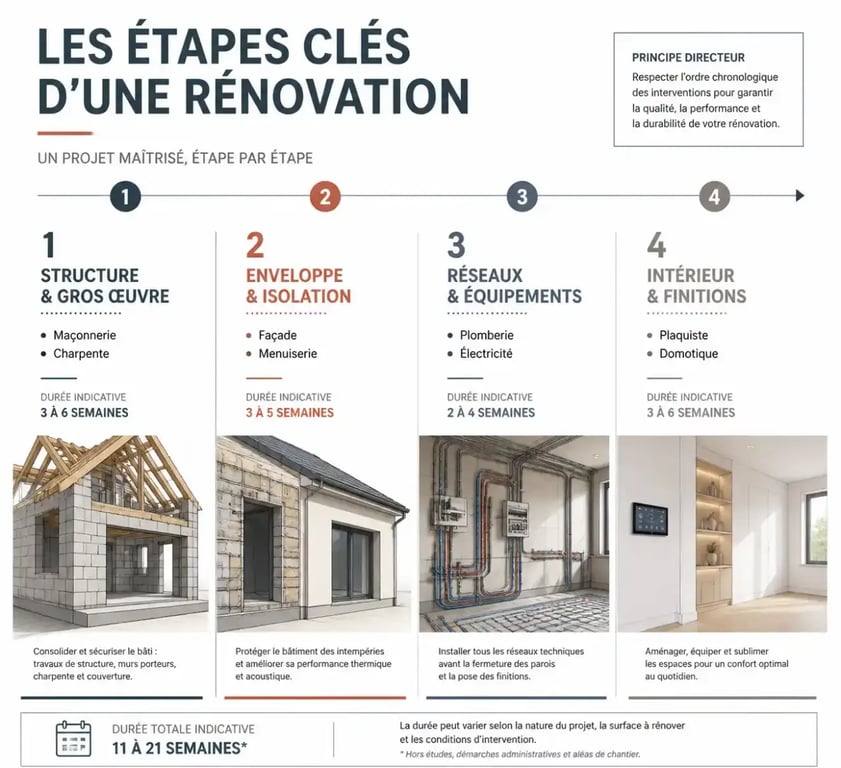 Infographie de l'ordre d'intervention des métiers du bâtiment pour des travaux de rénovation