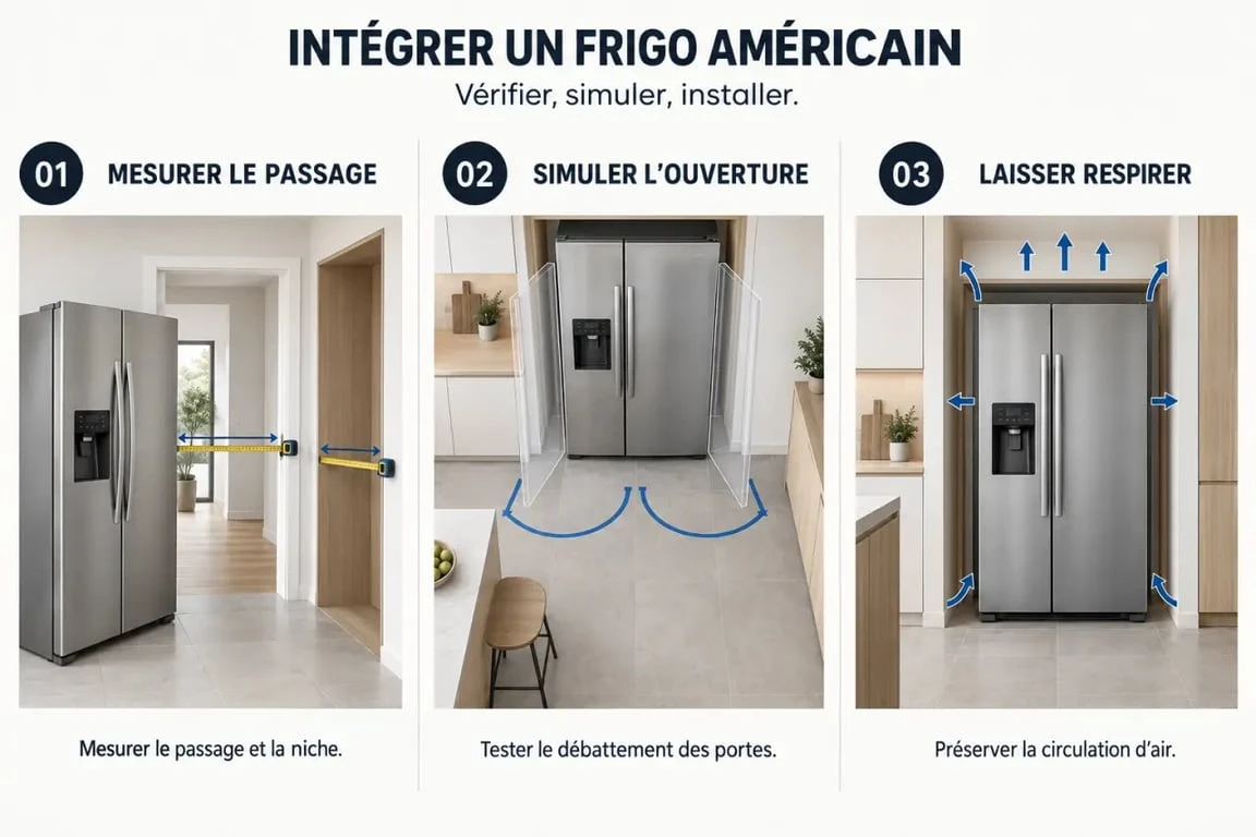 Illustration des étapes pour intégrer un frigo américain dans une cuisine