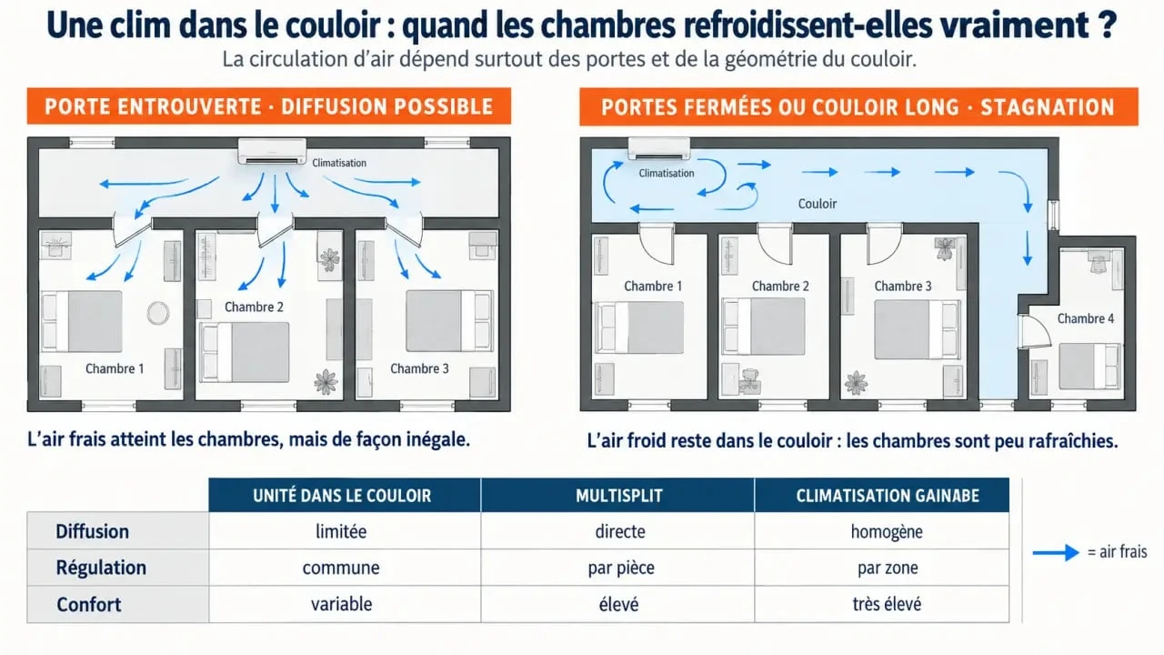 Infographie sur une clim dans un couloir pour refroidir les chambres selon l’ouverture des portes et la configuration du logement
