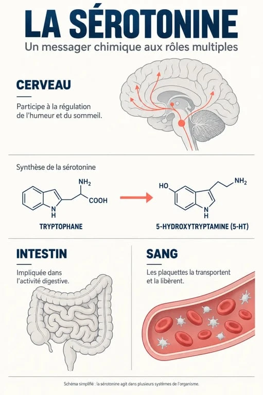 Schéma explicatif : qu'est-ce que la sérotonine et quels sont ses rôles dans le cerveau, l'intestin et le sang