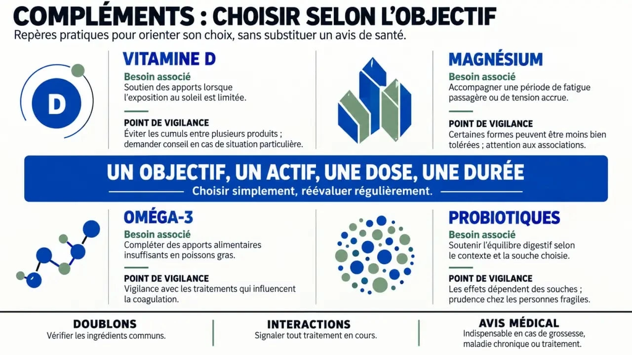 Infographie sur les meilleurs compléments alimentaires selon les besoins et les précautions à vérifier