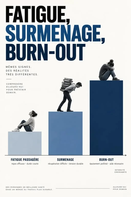 Symptôme du surmenage : paliers d'intensité entre fatigue, surmenage et burn-out