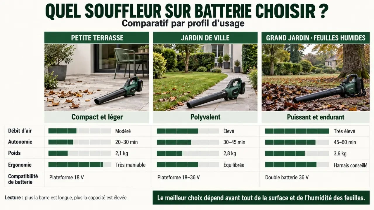 Infographie comparative pour choisir le meilleur souffleur sur batterie selon le terrain et l’autonomie
