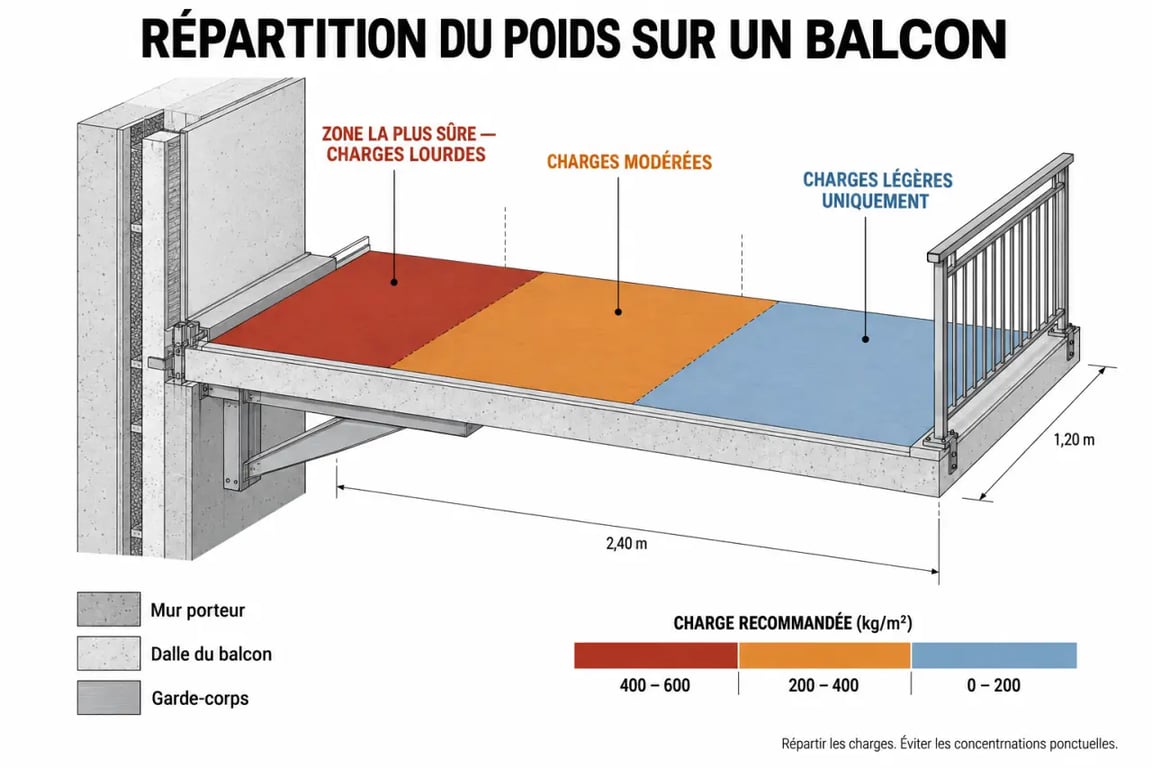 Schéma de répartition des charges pour aménager un coin potager esthétique sur son balcon urbain en toute sécurité