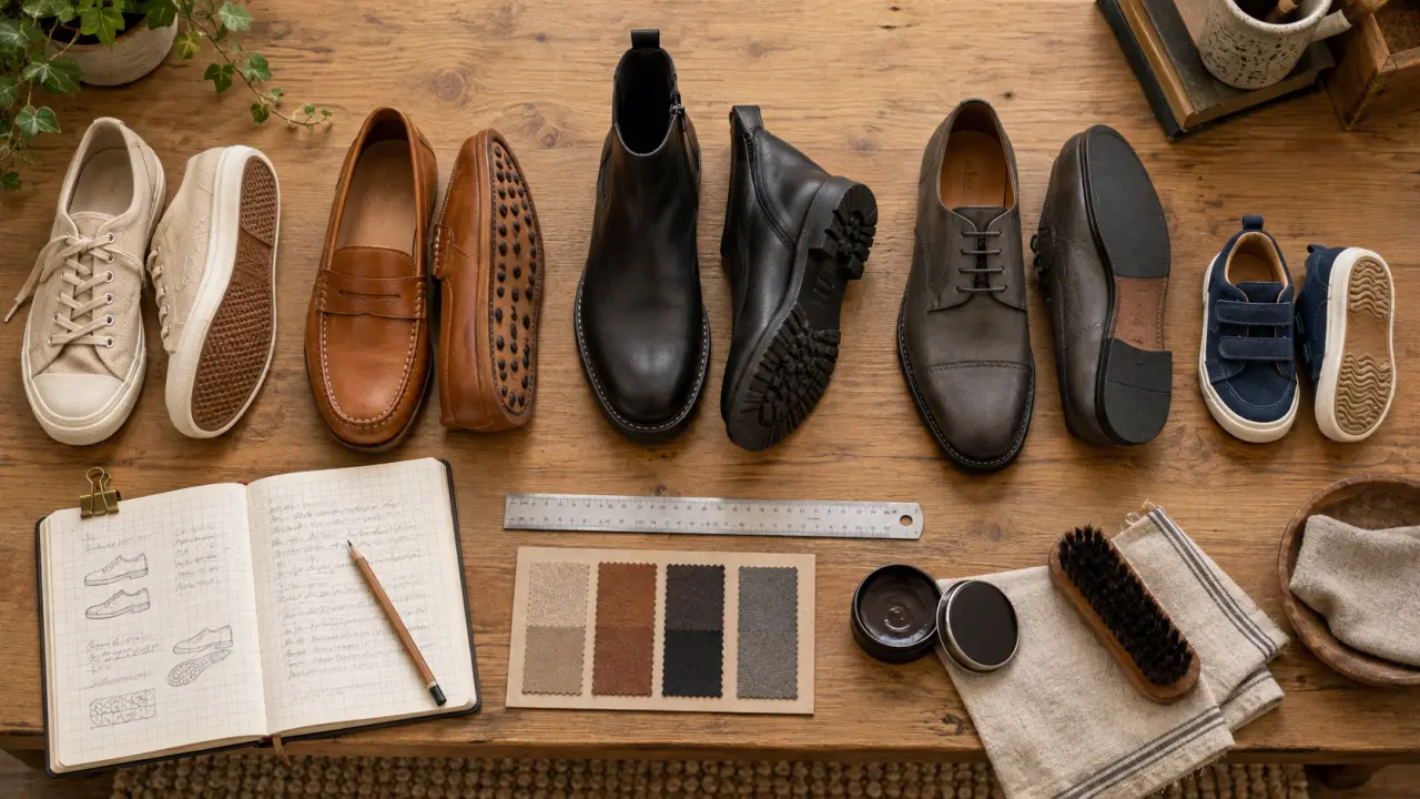 Marque de chaussure : test confort, construction et usage (chaussures sur table)