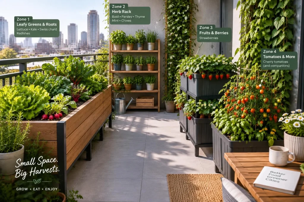 Potager sur balcon urbain : 4 zones à composer pour le rendre beau, pratique et productif